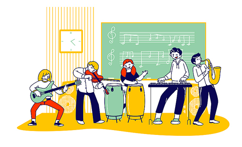 Children on Lesson in Music School. Students Training with Different Instruments Violin Guitar Drums Synthesizer and Saxophone in Classroom with Notes on Blackboard Cartoon Flat Vector Illustration