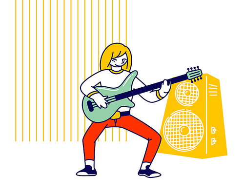 Girl Musician Practicing Playing Electric Guitar during Lesson in Musical School Prepare to Music Concert Performance on Scene as Soloist ar Instrumental Ensemble Cartoon Flat Vector Illustration