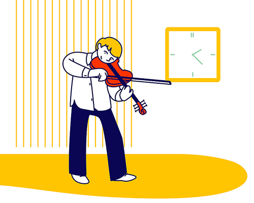 Boy Playing on Violin Prepare for Examination in Music School or Training before Concert Performance on Stage. Talented Little Artist Perform Classical Composition Cartoon Flat Vector Illustration
