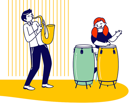 Girl Drummer and Boy Saxophone Player Playing Musical Composition Training before Jazz Performance on Stage or Exam. Talented Children Artists Study in Musical School Cartoon Flat Vector Illustration