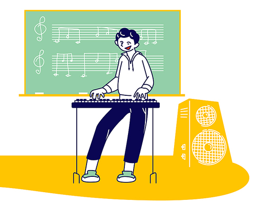 Talented Little Artist Perform Popular Composition on Electric Piano. Boy Playing on Synthesizer Prepare for Examination in Music School or Training before Concert Cartoon Flat Vector Illustration