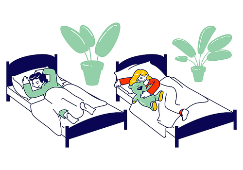 Little Kids Sleeping in their Beds in Kindergarten or Elementary School. Afternoon Nap Time, Kids Resting and Relaxing, Snooze in Montessori Bedchamber Cartoon Flat Vector Illustration, Line Art