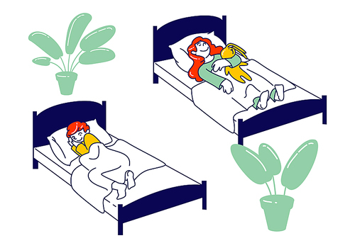 Afternoon Nap Time, Little Kids Sleeping in their Beds in Montessori Kindergarten or Elementary School. Kids Rest and Relaxing, Snooze and Kip in Bedchamber Cartoon Flat Vector Illustration, Line Art