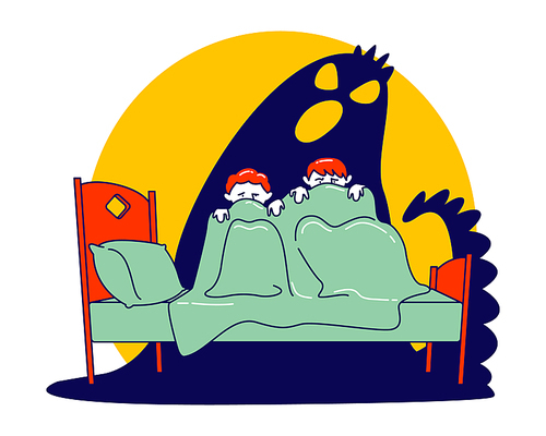 Pair of Little Scared Children Sitting on Bed and Hiding from Frightening Ghost under Blanket. Fearful Kids and Imaginary Monster. Nightmare Terrified Phobia Cartoon Flat Vector Illustration, Line Art