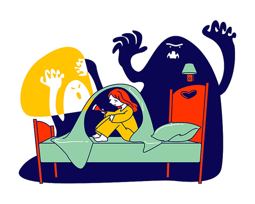Nightmare Terrified Phobia. Little Scared Girl with Flashlight Sitting on Bed under Blanket Hiding from Frightening Ghost, Fearful Kid and Imaginary Monsters Cartoon Flat Vector Illustration, Line Art