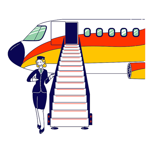 Stewardess Character, Flight Attendant, Air Hostess Girl Wearing Uniform and Cap Inviting Passengers on Airplane Boarding. Departure to Destination Place, Airline Staff. Linear Vector Illustration