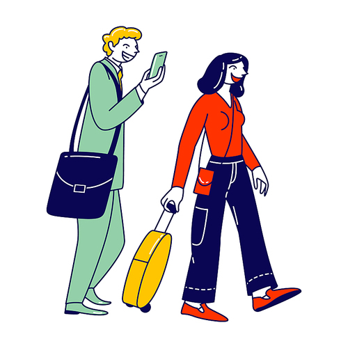 Male and Female Characters with Luggage Boarding on Airplane. Travelers Go to Aircraft, Passengers Board to Jet or Train. People Travel, Woman and Businessman in Airport. Linear Vector Illustration