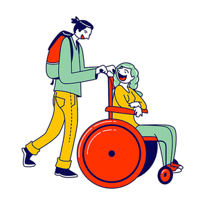 Man Pushing Disabled Woman Sitting in Wheelchair Hurry to Plane Boarding. Love, Family, Human Relations, Disability. Boyfriend and Handicapped Girlfriend Characters. Linear People Vector Illustration