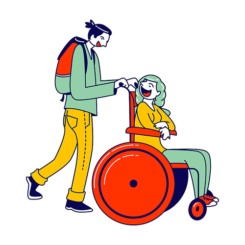 Man Pushing Disabled Woman Sitting in Wheelchair Hurry to Plane Boarding. Love, Family, Human Relations, Disability. Boyfriend and Handicapped Girlfriend Characters. Linear People Vector Illustration