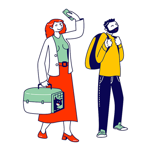 Characters Waiting Plane Boarding Stand in Queue with Luggage. Woman with Cat in Carry Box Making Selfie, Man with Rucksack. Passengers Prepare for Airplane Flight. Linear People Vector Illustration