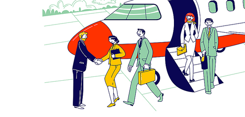 Businesspeople Characters Leaving Airplane Shaking Hand with Meeting Person on Ground. Business Travel, Corporate Communication and Partnership Concept. People Abroad Visit. Linear Vector Illustration