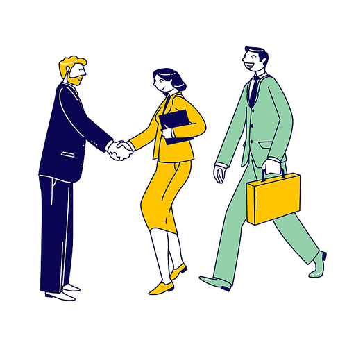 Good Deal, Business Travel Concept. Partners Handshaking, Businesspeople Characters Meeting for Project Discussion, Shaking Hands Agreement, Negotiation, Partnership. Linear People Vector Illustration