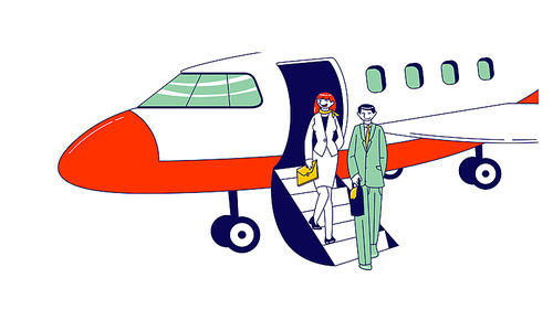 Male and Female Businesspeople Characters Stand on Airplane Ladder Waiting Meeting Person in Airport. Business Travel, Abroad Trip Concept. Colleagues Destination. Linear People Vector Illustration