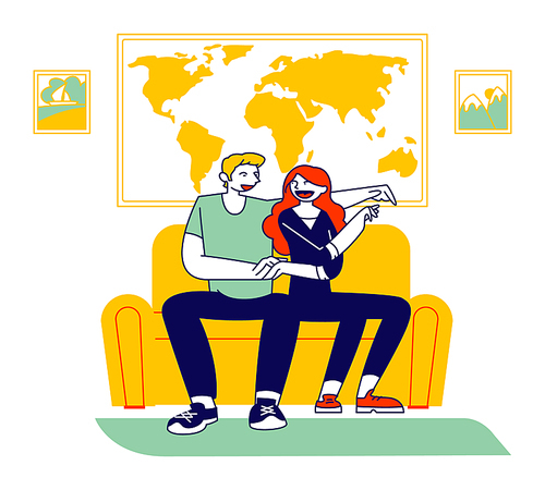 Planning and Buying Trip Concept. Young Couple Visiting Travel Agency Choose Tour. Man and Woman Sitting on Couch with World Map on Wall and Nature Pictures Cartoon Flat Vector Illustration, Line Art