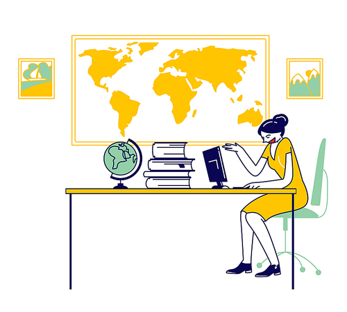 Woman Agent in Travel Agency Sitting at Table with Guides and Globe Looking on Computer Monitor Searching Hot Tour for Proposal to Clients. Traveling Service Cartoon Flat Vector Illustration, Line Art
