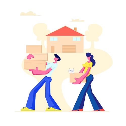 Happy Family Moving into New House. Husband and Wife Carry Cardboard Boxes in Hands, Bringing Things and Pet at Home. People Buying Real Estate Apartments for Living Cartoon Flat Vector Illustration