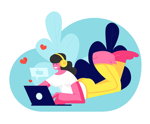 Young Smiling Woman in Headphones Lying on Floor with Laptop Communicating in Social Media Networks, Listening Music, Watching Video. Internet Community Entertainment. Cartoon Flat Vector Illustration