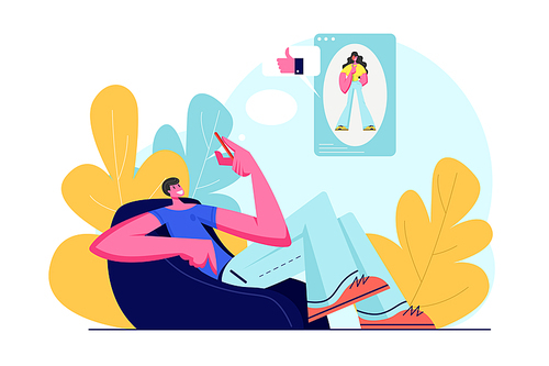 Young Smiling Male Character Sitting on Armchair Communicating with Girl in Social Media Networks, Visiting Users, Giving Likes and Comments in Account Profiles. Cartoon Flat Vector Illustration