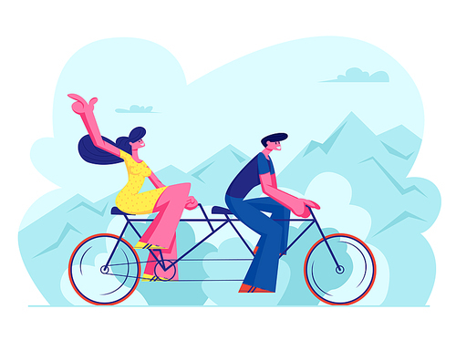 Young Loving Couple Riding Tandem Bicycle Together. Summer Time Vacation Sparetime, Leisure, Romantic Voyage. Love Relations. Male and Female Character Cycling on Bike Cartoon Flat Vector Illustration