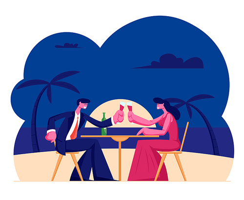 Young Loving Couple Enjoying Sunset Having Dinner at Exotic Tropical Resort with Palms on Seaside. Elegant Woman in Gown and Man Dressed in Suit Clinking Wineglasses. Cartoon Flat Vector Illustration