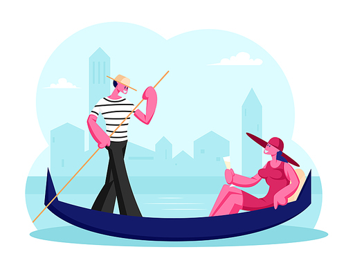 Happy Woman Sitting in Gondola with Champagne Glass in Hand, Man Gondolier Floating Boat at Canal in Venice. Female Tourist Having Trip or Romantic Tour to Italy. Cartoon Flat Vector Illustration