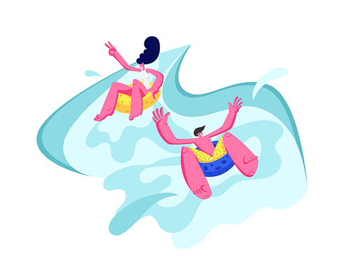 Young Couple Enjoying Summer Vacation in Waterpark Riding Floats and Laughing. Funny Excited Man and Woman Water Slide at Aquapark. Two Persons on Summertime Holiday. Cartoon Flat Vector Illustration