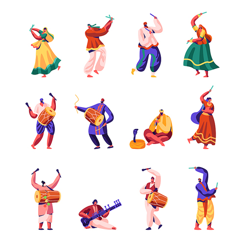 Indian Street Artists Set. Musicians and Dancers in Colorful Dress Performing on Street Playing Traditional Instruments, Yogi Charming Cobra, Play Music on Drums, Cartoon Flat Vector Illustration