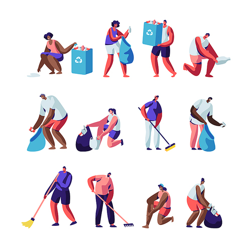 Volunteers Collect Litter Set. People Raking, Sweeping, Put Trash into Bags with Recycle Sign, Pollution with Garbage, Characters Clean Up Wastes, Ecology Protection. Cartoon Flat Vector Illustration