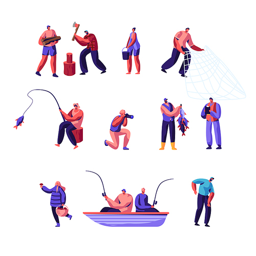 People Outdoors Activity Set. Male and Female Characters Having Active Leisure on Nature, Chopping Woods, Fishing, Collecting Mushrooms in Forest, Photographing, Cartoon Flat Vector Illustration