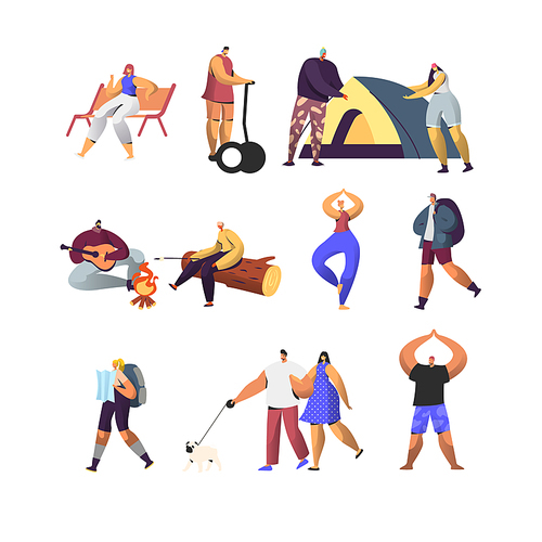 People Active Lifestyle Set. Male and Female Characters in Summer Camp, Touristic Hiking, Riding Hoverboard, Doing Yoga Outdoors, Walking with Pet, Exercising in Park. Cartoon Flat Vector Illustration