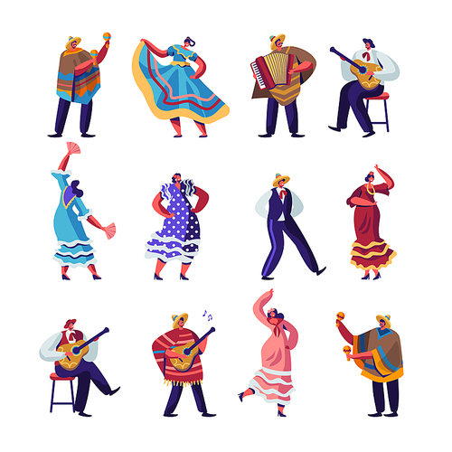 Mexican People in Colorful Traditional Clothes Set, Cinco De Mayo Festival Musicians with Guitars, Maracas and Accordion and Girl Dancers Celebrating National Holiday. Cartoon Flat Vector Illustration