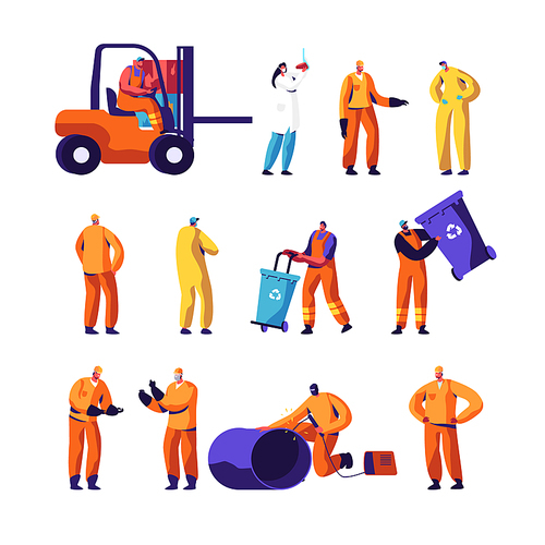 Garbage Recycling and Metallurgy Factory Workers Set. Ecology Protection and Pollution Industry Employees, Welder, Scavengers Collect Litter, Scientist with Test Flask Cartoon Flat Vector Illustration