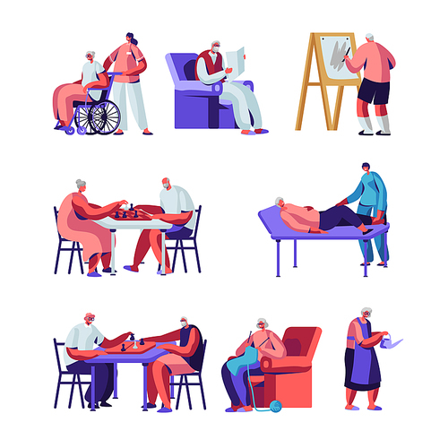 Seniors Set, Male and Female Characters in Nursing Home Engaging Hobby Care of Plants, Painting, Playing Chess, Knitting. Elderly People Having Leisure and Medical Aid Cartoon Flat Vector Illustration