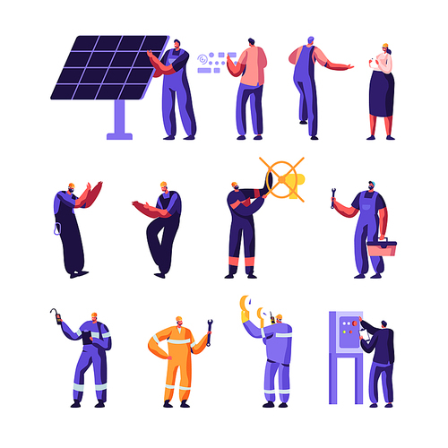 Gas Industry and Smart Home Maintenance Service Workers Set, Engineer Control Pipe, Solar Panel, Manometer, Factory Technician Engineering, Gasman, Mechanic Facility, Cartoon Flat Vector Illustration