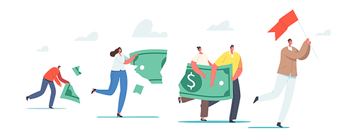 Characters Lose Money, Investment in Financial Crisis, Profit and Loss in Business or Deflation and Inflation Concept, People with Dollar Follow Leader with Red Flag. Cartoon Vector Illustration