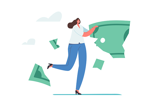 Lose Money, Deflation and Inflation Concept. Investment in Financial Crisis, Tiny Businesswoman Character Carry Huge Dollar Banknote Fall Apart on Crumble and Parts. Cartoon People Vector Illustration