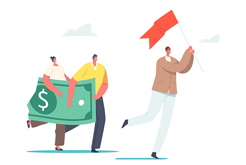 Tiny Characters with Huge Dollar Fall Apart and Reduce Value Follow Leader with Red Flag. Investment in Financial Crisis, Deflation , Profit and Loss in Business. Cartoon People Vector Illustration