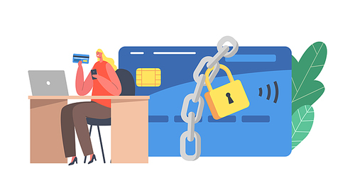 Tiny Female Character at Huge Blocked Credit Card with Lock. Payment Block during Online Shopping Process, Woman at Computer Shocked with Deposit Bank Ban Concept. Cartoon People Vector Illustration