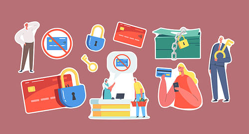 Set of Stickers Blocked Credit Card and Lock on Money Theme. Tiny Characters, Huge Lock, Payment Block in Supermarket or during Shopping Process, Bank Ban Concept. Cartoon People Vector Illustration