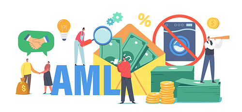 Aml, Campaign Against Money Laundering. Tiny Male and Female Characters at Huge Envelope with Dollars and Washing Machine. Stop Corruption and Illegal Business. Cartoon People Vector Illustration