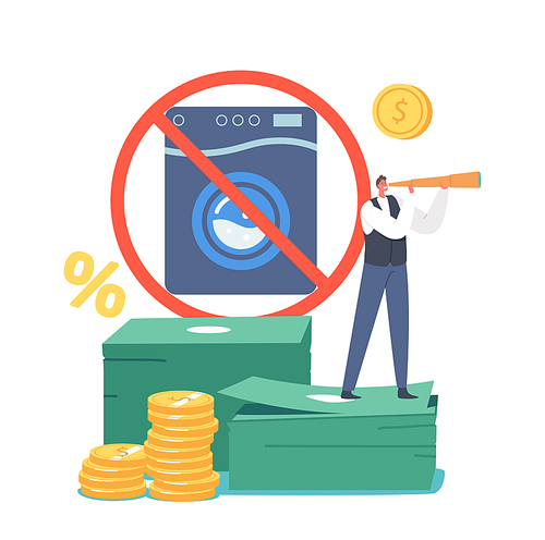 Tiny Male Character Look in Spyglass Stand on Huge Money Pile near Crossed Washing Machine. Aml, Campaign Against Money Laundering, End of Bribes and Corruption. Cartoon People Vector Illustration