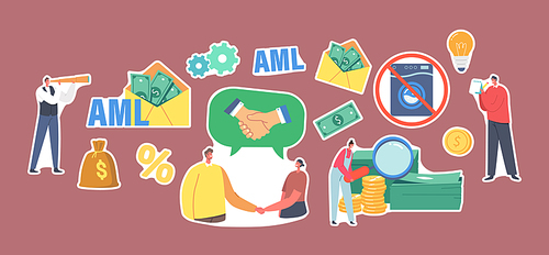 Set of Stickers Aml, Anti Money Laundering Campaign. Characters Handshake, Envelope with Dollars, Crossed Washing Machine. Stop Corruption and Illegal Business. Cartoon People Vector Illustration