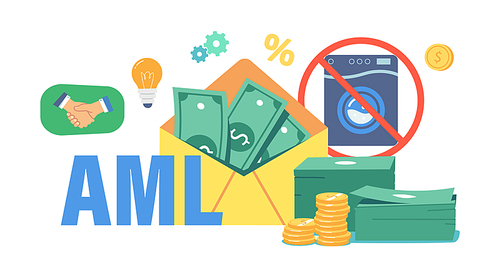 Aml, Campaign Against Money Laundering. Envelope with Dollars, Crossed Washing Machine, Bills Pile and Coins, Light Bulb, Handshake. Stop Corruption and Illegal Business. Cartoon Vector Illustration