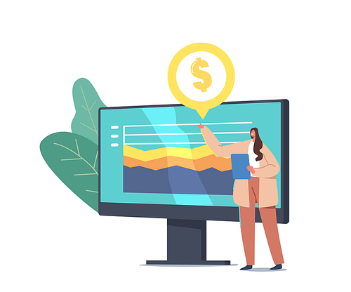 Business Presentation, Meeting or Seminar. Tiny Businesswoman Character Give Financial Monitoring Statistics at Huge Monitor with Data Analysis Charts and Diagrams. Cartoon People Vector Illustration