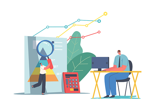 Statistical and Data Analysis for Business Finance Investment and Financial Monitoring. Tiny Business Characters Working at Huge Graph Dashboard with Grow Diagrams. Cartoon People Vector Illustration