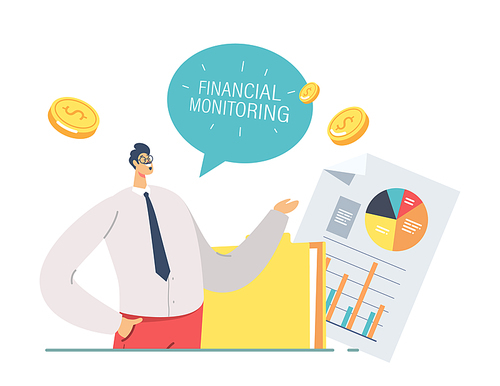 Business Meeting, Project Presentation Concept. Businessman Character Pointing on Financial Monitoring Charts, Data Analysis Investment or Development Corporate Statistics. Cartoon Vector Illustration