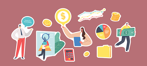 Set of Stickers Financial Monitoring Theme. Business Character Analysing Data on Dashboard. Finance Investment, Documents Folder, Money, Calculator, Pie Chart. Cartoon People Vector Illustration