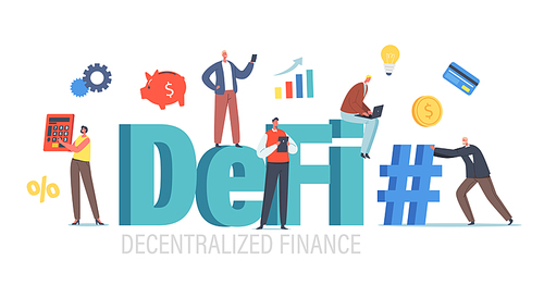 DeFi, Decentralized Finance Concept. Tiny Businesspeople Characters with Huge Calculator, Hashtag, Piggy Bank and Cryptocurrency Blockchain Data Chart Statistics. Cartoon People Vector Illustration