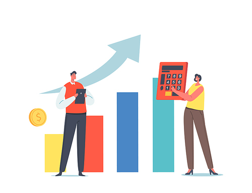 DeFi, Decentralized Finance, Investment Growth Concept. Tiny Businesspeople Characters with Calculator and Tablet Pc near Huge Growing Data Chart Statistics. Cartoon People Vector Illustration