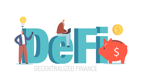 DeFi, Decentralized Finance Concept. Tiny Businesspeople Characters with Huge Piggy Bank and Light Bulb Work on Cryptocurrency Market via Gadgets, Blockchain tech. Cartoon People Vector Illustration